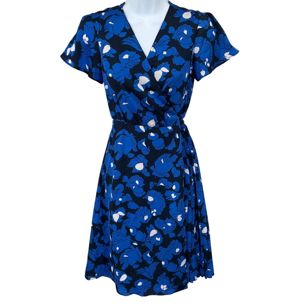 Banana Republic Dress Women XS Petite Blue Floral Wrap Pleated Office Botanical